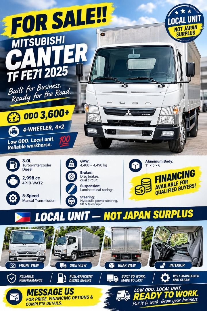 2025 MITSUBISHI CANTER TF FE71 (Category: Heavy Vehicles) located in Imus. Submitted by gracefulfindsbymg (Listing ID 1463777490, Image 1). Description: 🇵🇭 LOCAL UNIT — NOT JAPAN SURPLUS ✨ 3.0L Turbo-Intercooler Diesel ✨ 4×2 | 4-Wheeler ✨ 2,998 cc | 4P10-WAT2 ✨ 5-Speed Manual ✨ GVW: 4,400–4,490 kg ✨ Aluminum Body: 11 × 6 × 6.