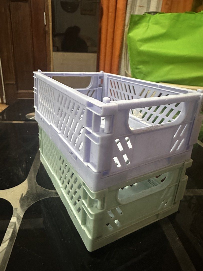2 Foldable Storage Crates - Pastel Purple & Mint Green (Category: Storage Boxes & Baskets) located in Manila. Submitted by zuripot0726 (Listing ID 1463841146, Image 3). Description: - Set of 2 foldable storage crates: 1 pastel purple, 1 mint green. - Stackable design for efficient organization. - Ideal for small items on desks, shelves, or any cluttered space. - Folds flat for convenient storage when not in use. - Approximate dimensions when open