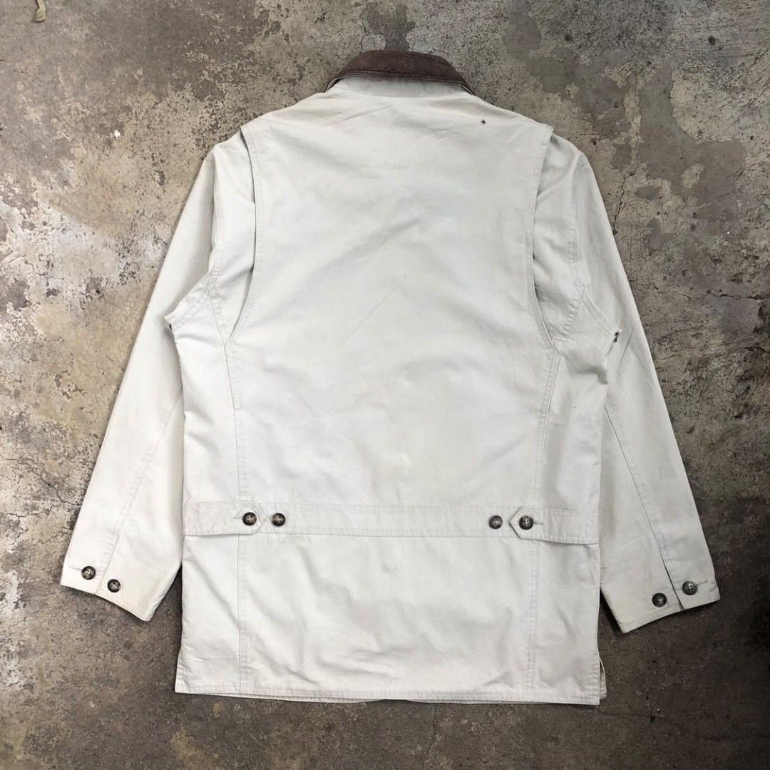 90's LL Bean Beige Canvas Chore Jacket (Category: Coats, Jackets and Outerwear) located in Taguig. Submitted by soyity (Listing ID 1463767822, Image 2). Description: Size Small 22 Inches Width 31 Inches Length Yellow Stains 2k.