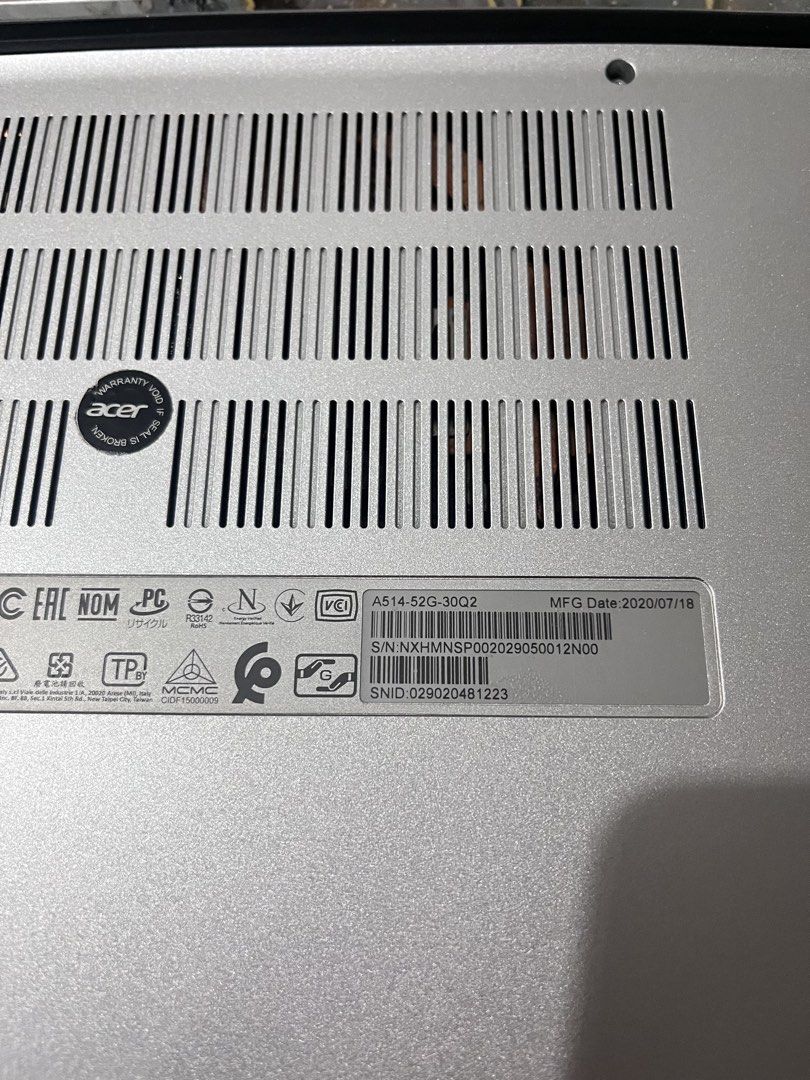 Acer A514-52G-30Q2 Laptop (Category: Laptops & Notebooks) located in Manila. Submitted by annipie333 (Listing ID 1463833681, Image 3). Description: 💻 FOR SALE | Acer Aspire 5 A514-52G-30Q2 Selling my Acer Aspire 5 — still usable for everyday tasks, school/work, browsing, documents, and other basic use. 🤍 📌 Details: • Model: A514-52G-30Q2 • Color: Pure Silver • Condition: 6/10 — well-used with visible signs of use • Slight scratches • Has stick