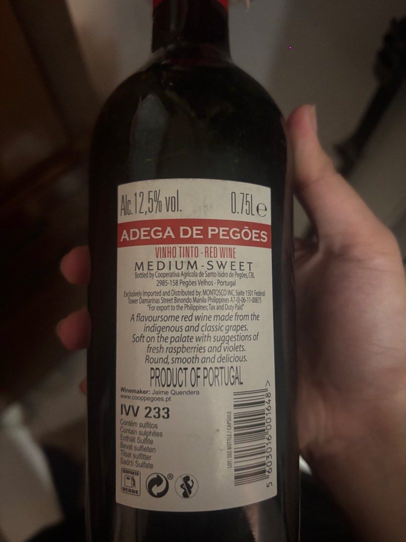 Adega de Pegoes Medium Sweet Red Wine (Category: Beverages) located in Manila. Submitted by ro.se_e__ (Listing ID 1463790011, Image 2). Description: - Adega de Pegoes Medium Sweet Red Wine - Product of Portugal - 12.5% Alcohol by Volume - 0.75L bottle - Made from indigenous and classic grapes - Soft on the palate with notes of fresh raspberries and violets - Round, smooth, and delicious taste.