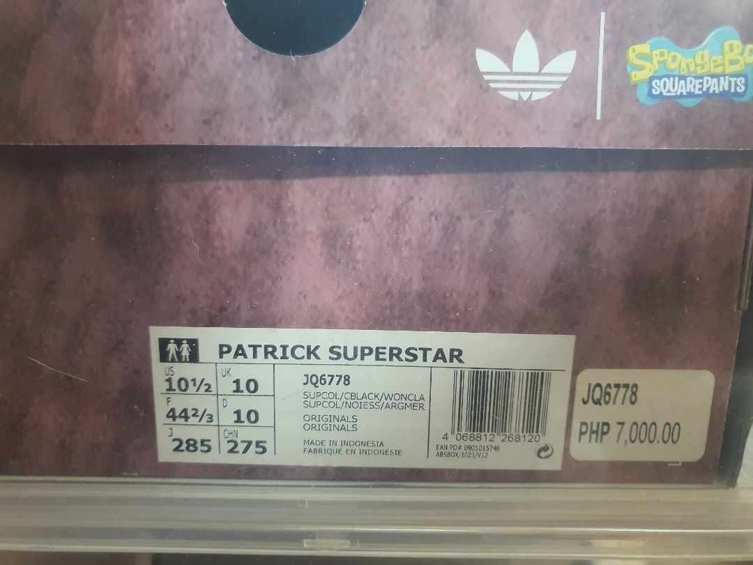 RUSH Adidas Patrick Superstar Spongebob Squarepants JQ6778 (Category: Sneakers) located in Manila. Submitted by luiseksdi (Listing ID 1463788425, Image 1). Description: RUSH ‼️‼️ adidas Superstar X Spongebob Squarepants - "Patrick Star" BrandNew Size 10.5 mens US Sampaloc Manila , Near UST 3,500.