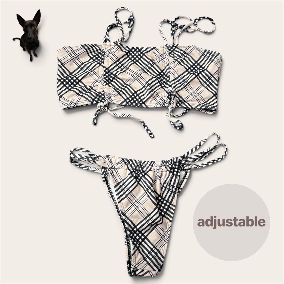 Adjustable Plaid Bikini Set (Category: Bikinis & Swimsuits) located in Trece Martires City. Submitted by yasxhi (Listing ID 1463921805, Image 1). Description: - Cute black and beige plaid bikini set - Bandeau top with adjustable tie straps - Matching bottoms with adjustable side ties - Classic plaid pattern - Adjustable fit for comfort - Only worn once.