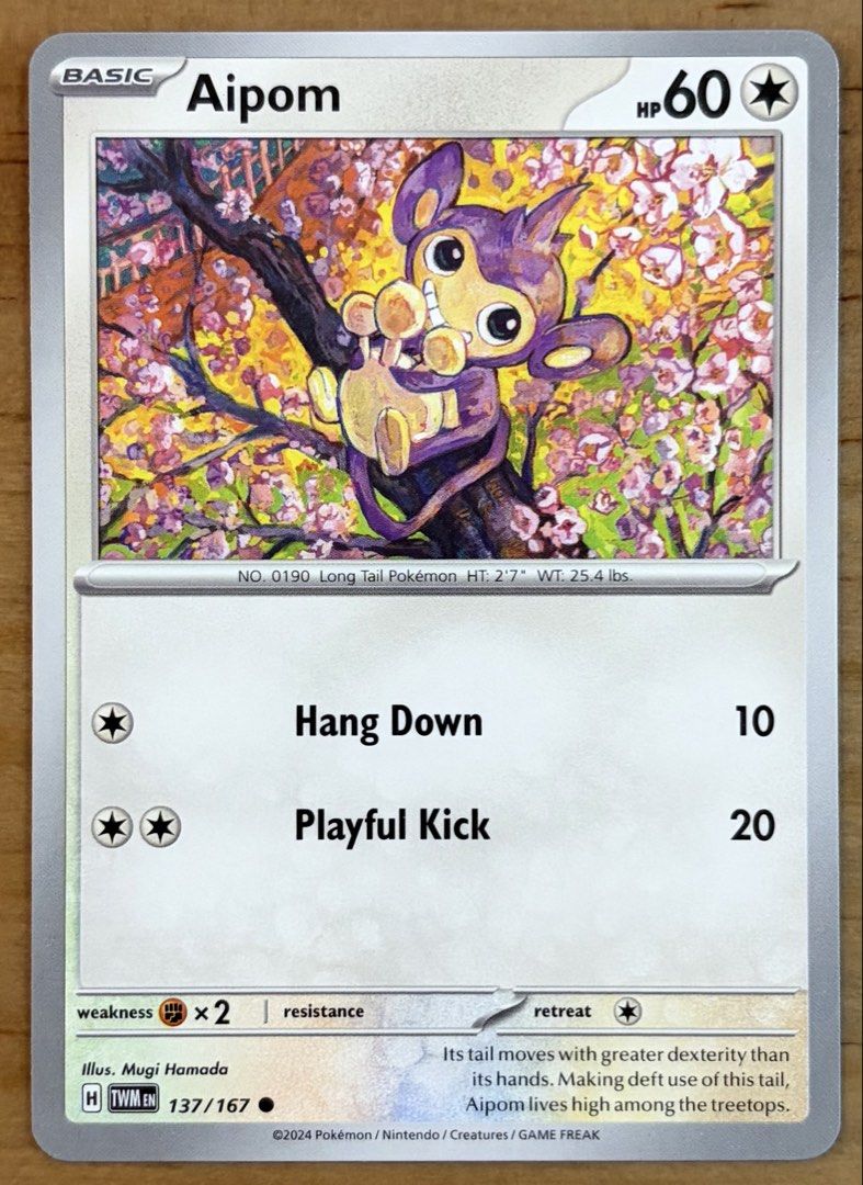 Aipom | Pokemon Cards ~ Twilight Masquerade (Category: Raw Singles) located in Makati City. Submitted by cardlab (Listing ID 1463747244, Image 1). Description: Items are 💯 authentic/original/legit. About The Card: •Language: EN • Number: 137/167 • Common • Normal FOR: • Cards ₱99 and below with Card Sleeves • Cards ₱100 and up with Card Sleeves and Used Toploader • ₱10 for Bnew Tops Packaging (If Shipping): ✔️ Plastic cover ✔️ Cardboard ✔️ Bubbl