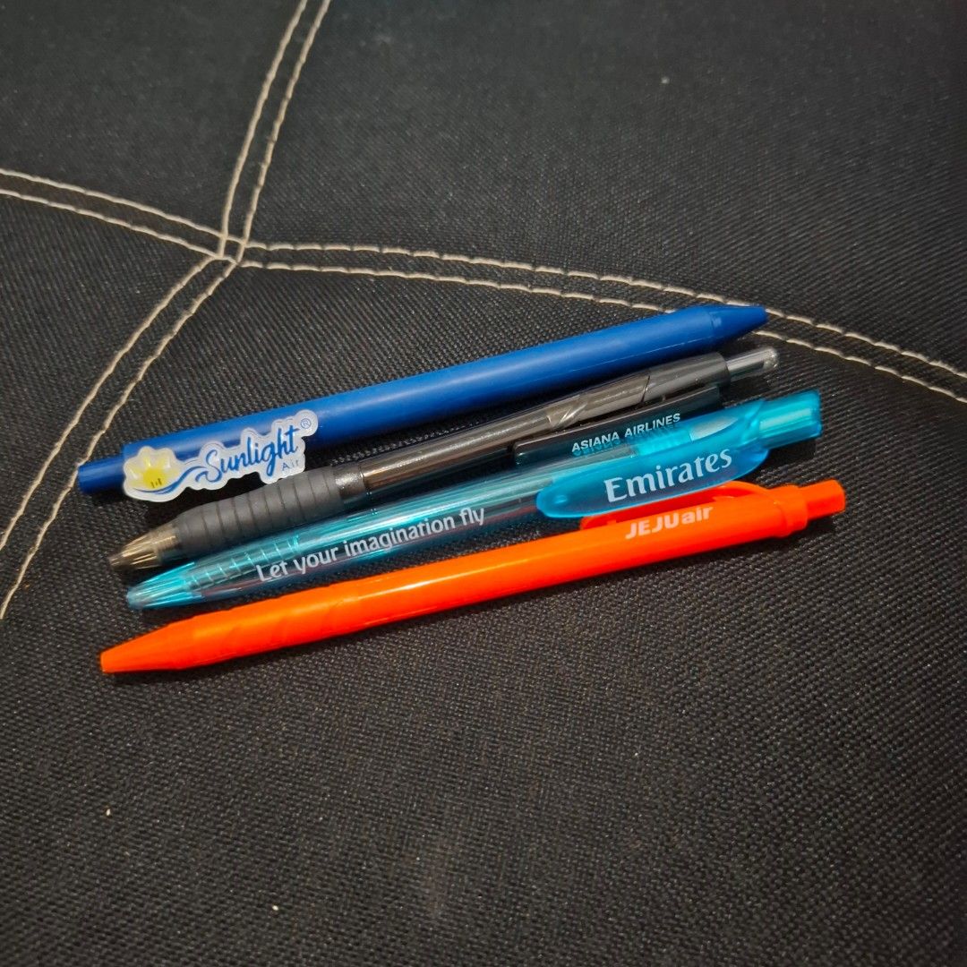 Airline Pens for Take All Only (Category: Stationery & School Supplies) located in Baliuag. Submitted by ahgashop. (Listing ID 1463832421, Image 1). Description: -These pens are obtained directly from the airlines -Bundle of 4 pens - Includes Emirates Airlines pen - Includes Jeju Air pen - Includes Asiana Airlines pe - Includes Sunlight Air pen - All pens are functional with black ink - Great for collectors or everyday use.