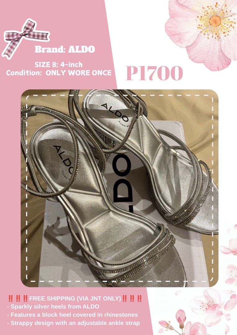 ALDO Silver Rhinestone Block Heels Size 8 (Category: Heels) located in Las Pinas. Submitted by francesaly (Listing ID 1463823940, Image 1). Description: - Sparkly silver heels from ALDO - Features a block heel encrusted with rhinestones - Strappy design with an adjustable ankle strap for a secure fit - Enjoy free shipping via J&T Express!.