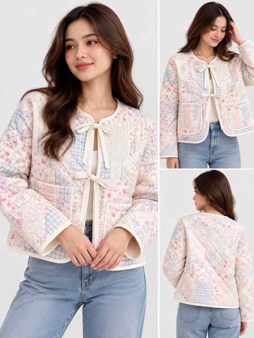 Allen & Fox Patchwork Quilted Tie Front Jacket (Category: Coats, Jackets and Outerwear) located in Quezon City. Submitted by jvr2019 (Listing ID 1463898211, Image 2). Description: - Super cute patchwork quilted jacket by Allen & Fox. - Features a charming floral and gingham print. - Tie front closure with delicate ribbon details. - Includes two convenient front pockets. - Ideal for stylish layering. - Offers a sweet and feminine look..