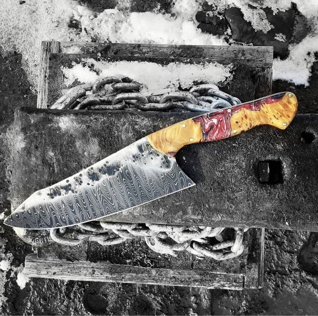 Allen Matthew Custom Damascus Chefs Knife (Category: Knives & Chopping Boards) located in Marikina City. Submitted by knifeandtoolphilippines (Listing ID 1463925826, Image 1). Description: Fixed Price No Trades Steel Type: 5160 & 15n20 Ladder Pattern Damascus High Carbon Steel Not Rust Resistant Handle Material: California Buckeye Burl with Dyed Resin, Brass Liners and Brass Pins. Made in USA 🇺🇸.