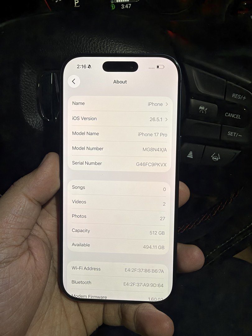 Apple iPhone 17 Pro 512GB Smartlocked (Category: iPhone 17 Series) located in Taguig. Submitted by alwarrieth.0501 (Listing ID 1463763150, Image 3). Description: For sale! Fresh catch!! Apple iPhone 17 Pro 512gb Smartlocked - Deep Blue -IOS 27.0 -100% Batt Health -162 Cycle Count -NTC Approved -All functions working See pics to appreciate! Inclusion: Unit itself, Original Accessories, and Box with same IMEI including original receipt. 📍Ayala Mal