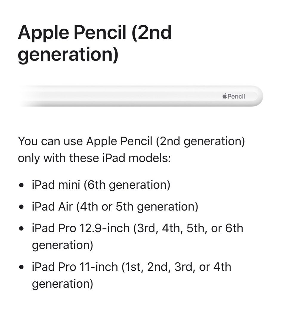 Apple Pencil (2nd Generation) for iPad (Category: iPad) located in Manila. Submitted by missnam03 (Listing ID 1463758220, Image 2). Description: Apple Pencil (2nd Gen) for compatible iPads (mini 6th, Air 4th/5th, Pro 12.9" 3rd-6th, Pro 11" 1st-4th). Original packaging. Original Price - 8,600 Reason for selling : Not compatible with my Ipad. Slightly Negotiable. Pick Up Only near Don Bosco School Sta.Mesa,Manila.