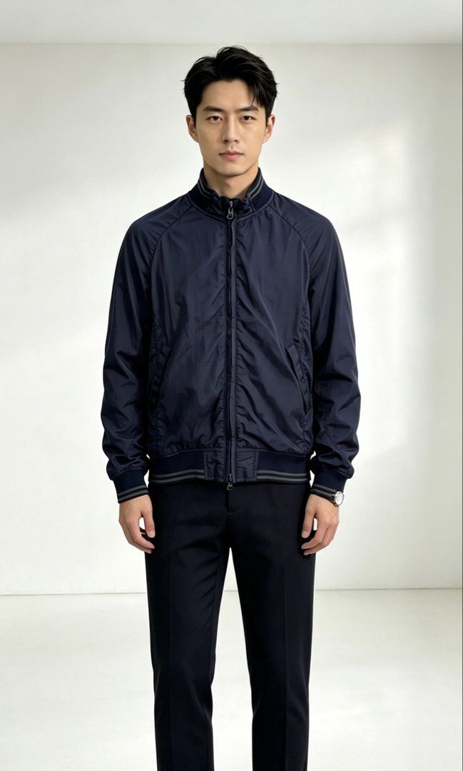 Armani Jeans Navy Bomber Jacket (Category: Coats, Jackets and Outerwear) located in Paranaque City. Submitted by mykapoynton (Listing ID 1463881670, Image 1). Description: Armani Jeans Navy Bomber Jacket - Lightweight material, ideal for layering - Features ribbed collar, cuffs, and hem - Zip-up front with convenient pockets - Classic bomber silhouette - Versatile for casual outfits.