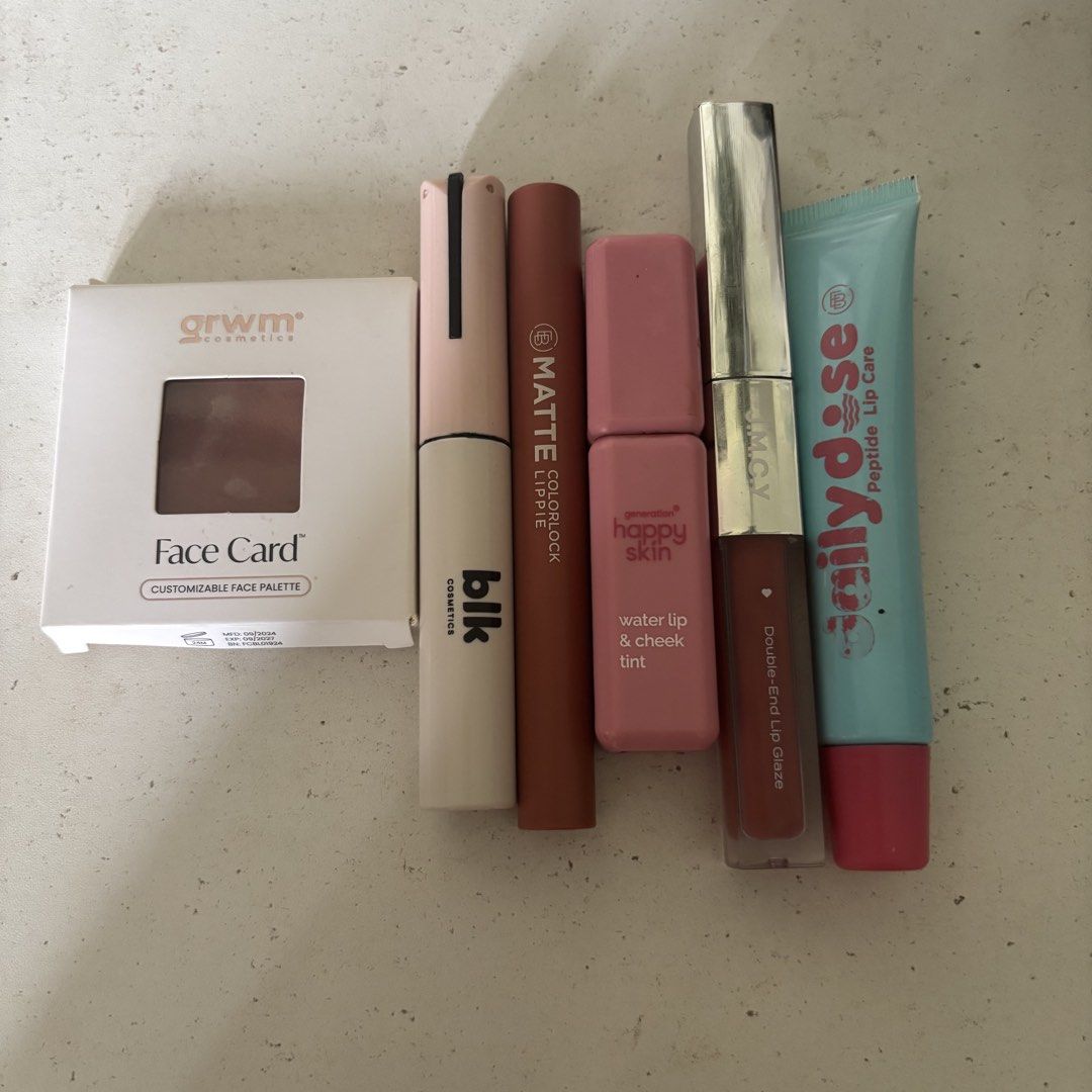 Assorted Makeup Bundle with Skincare (Category: Makeup) located in Binan City. Submitted by mypreloved_haul (Listing ID 1463758032, Image 1). Description: DECLUTTERING!! 💕 BUNDLE ₱500 Dazzle Me NR02 - lightly used Grwm Cream Blush Pablo Latte - lightly used Blk Black Mascara - Lightly used EB Matte Intimate - swatched Happy Skin Lip & Cheek Tint Offbeat - lightly used Daily dose lip Care Romantique - Lighly used Dazzle Me Concealer 01 Light - ba