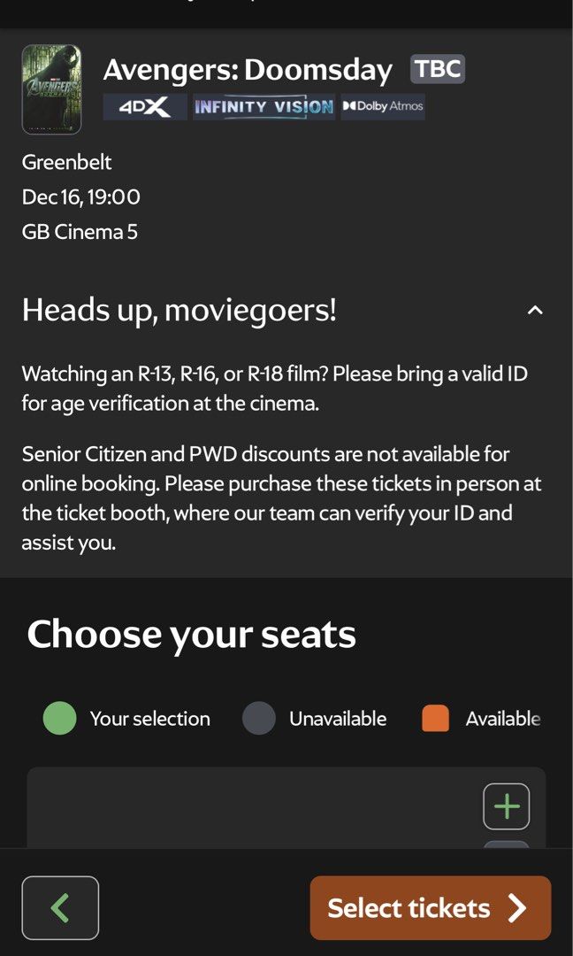 Avengers: Doomsday Movie Tickets - Dec 16 (Category: Events Tickets) located in Makati City. Submitted by marcgoodman (Listing ID 1463786140, Image 2). Description: 🎟️ FOR SALE: AVENGERS: DOOMSDAY – OPENING NIGHT 🎟️ 📅 December 16, 2026 ⏰ 7:00 PM 📍 Greenbelt Cinema 5 🎬 4DX Premium + Infinity Vision 💺 Seats available: D1–D4 D11–D12 (SOLD❌) D13–D16 E1-E4 E13-16 * 8 more seats 💰 ₱1,000 per ticket 🍿 Each ticket includes FREE Popcorn Bucket + S