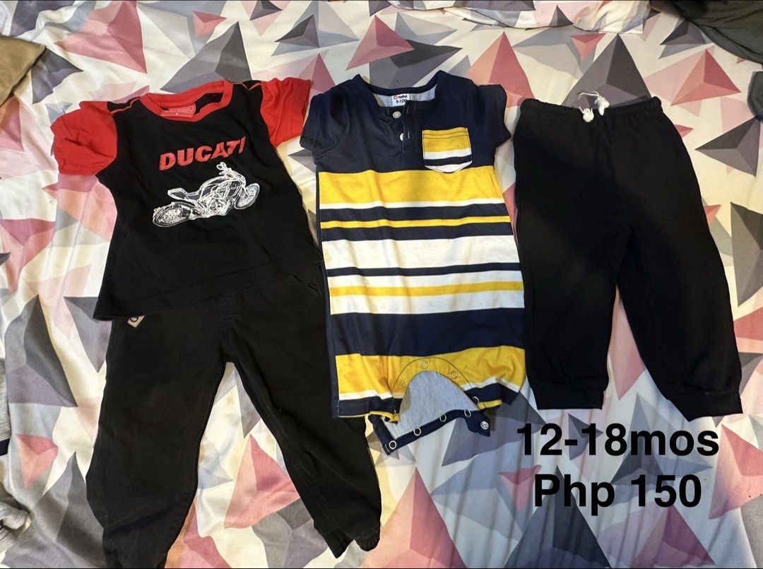 Baby Boy Clothes Bundle 9-18 Months (Category: Babies & Kids Fashion) located in Quezon City. Submitted by saberonkathleen (Listing ID 1463826925, Image 2). Description: - Bundle of baby boy clothes - Includes shirts, shorts, pants, and a romper - Sizes: 9-12 months and 12-18 months - Great mix of outfits - Some Spiderman and Ducati themed items - Selling as a lot.