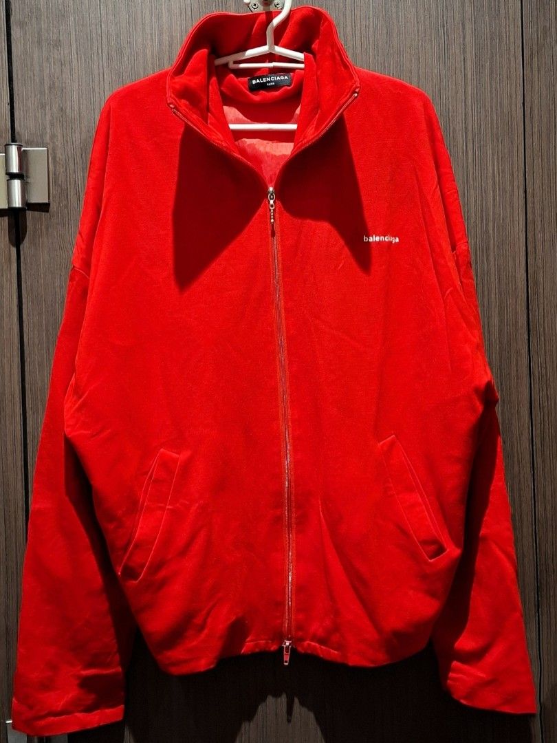 Balenciaga Archetype Red Track Jacket (Auth) (Category: Coats, Jackets and Outerwear) located in Pasig City. Submitted by coveted.mnl (Listing ID 1463895278, Image 2). Description: Authentic. Discontinued Colorway📌 Double Zip~ Best fit to: Large - XL Width : 25 Length : 25 (MEASURED BY INCHES) 9.5/10 overall condition No issues or flaws in fabric • P2,200 Slightly negotiable • Pasig City meet up • Open for COD Via Lalamove or Grab • J&T courier 