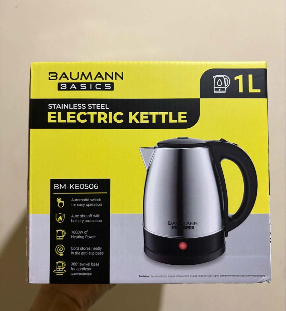 Baumann Stainless Steel Electric Kettle (Category: Other Kitchenware & Tableware) located in Makati City. Submitted by blissfulfindsph (Listing ID 1463777475, Image 2). Description: Brand new 1L capacity Automatic switch for easy operation Auto shut-off with boil-dry protection 1600W of heating power Cord stores neatly in the anti-slip base 360 degrees swivel base for cordless convenience.