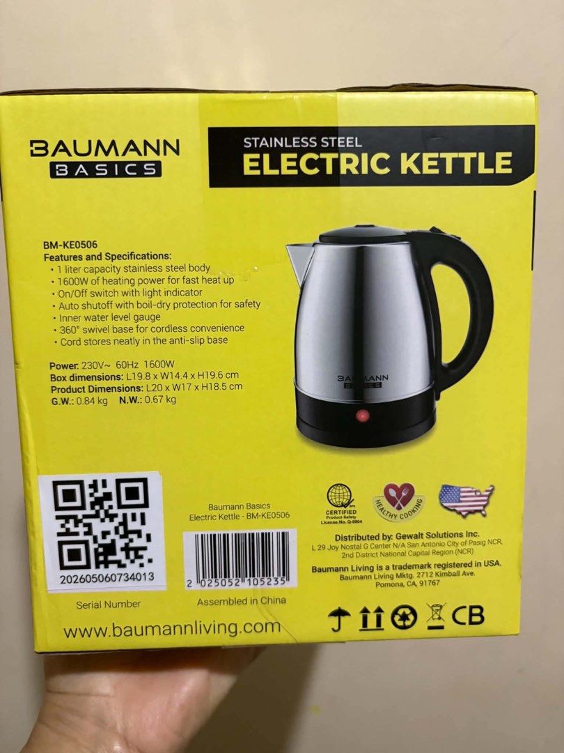 Baumann Stainless Steel Electric Kettle (Category: Other Kitchenware & Tableware) located in Makati City. Submitted by blissfulfindsph (Listing ID 1463777475, Image 3). Description: Brand new 1L capacity Automatic switch for easy operation Auto shut-off with boil-dry protection 1600W of heating power Cord stores neatly in the anti-slip base 360 degrees swivel base for cordless convenience.