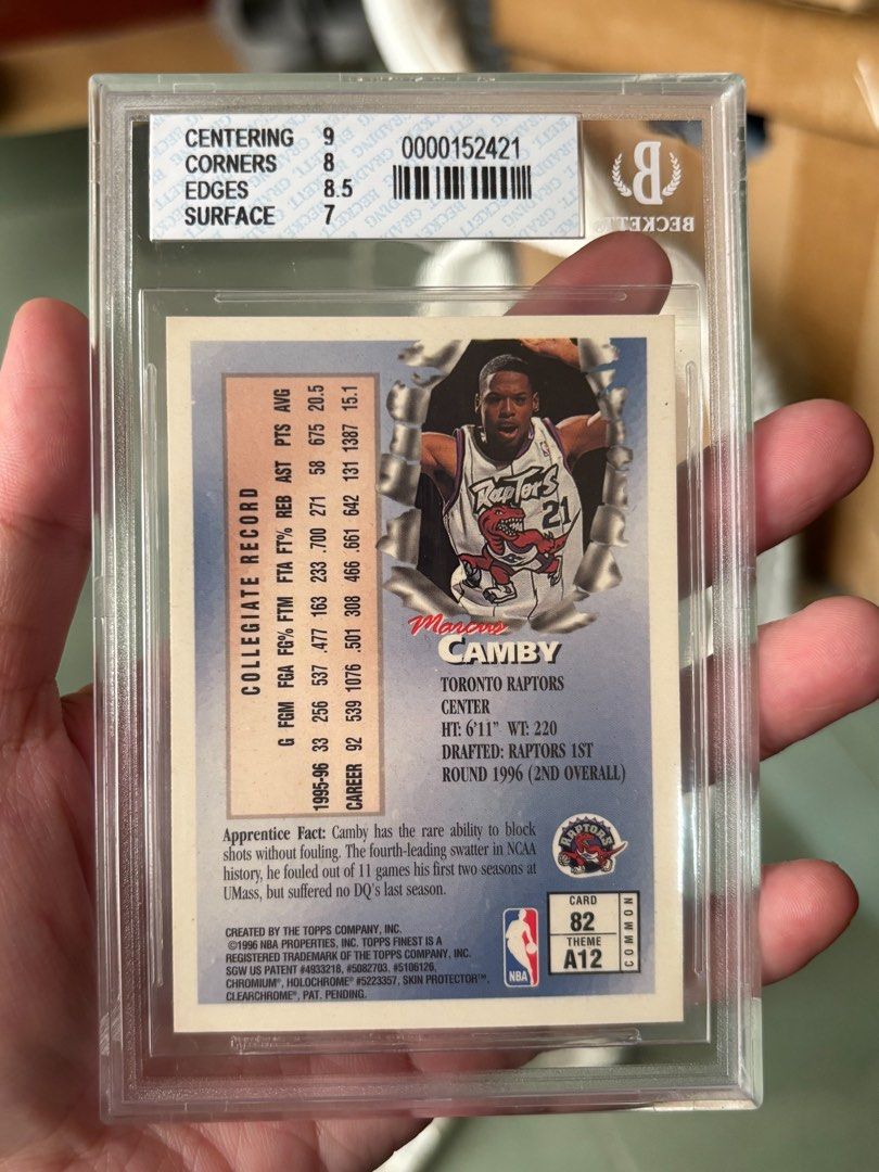 Marcus Camby B (Category: Graded Singles) located in Rizal. Submitted by mzreas (Listing ID 1463795338, Image 2). Description: 1996-97 Topps Finest Refractor Marcus Camby RC #82 BGS 8 NM-MT | Toronto Raptors 1996-97 Topps Finest Refractors #82 Toronto Raptors BGS 8 NM-MT – Beckett Graded 🔥 Rookie Card / RC 🔥 Finest Refractor 🔥 Beckett Graded BGS 8 🔥 Original Topps Finest protective coating Price: ₱3,000 negotiable Serious buyers only. Can sen