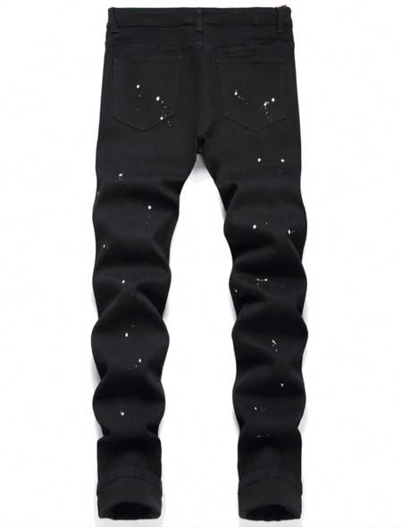 Black Distressed Jeans with White Paint Splatter (Category: Jeans) located in Caloocan City. Submitted by warymclovin (Listing ID 1463875232, Image 2). Description: - selling to make a living - Black slim-fit jeans - Distressed look with rips on knees and thighs - Unique white paint splatter details - Ideal for a casual, edgy style - Versatile for pairing with tees or hoodies.