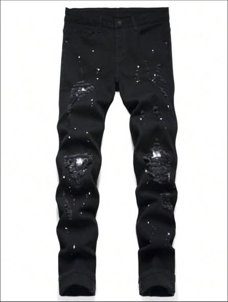 Black Distressed Jeans with White Paint Splatter (Category: Jeans) located in Caloocan City. Submitted by warymclovin (Listing ID 1463875232, Image 1). Description: - selling to make a living - Black slim-fit jeans - Distressed look with rips on knees and thighs - Unique white paint splatter details - Ideal for a casual, edgy style - Versatile for pairing with tees or hoodies.