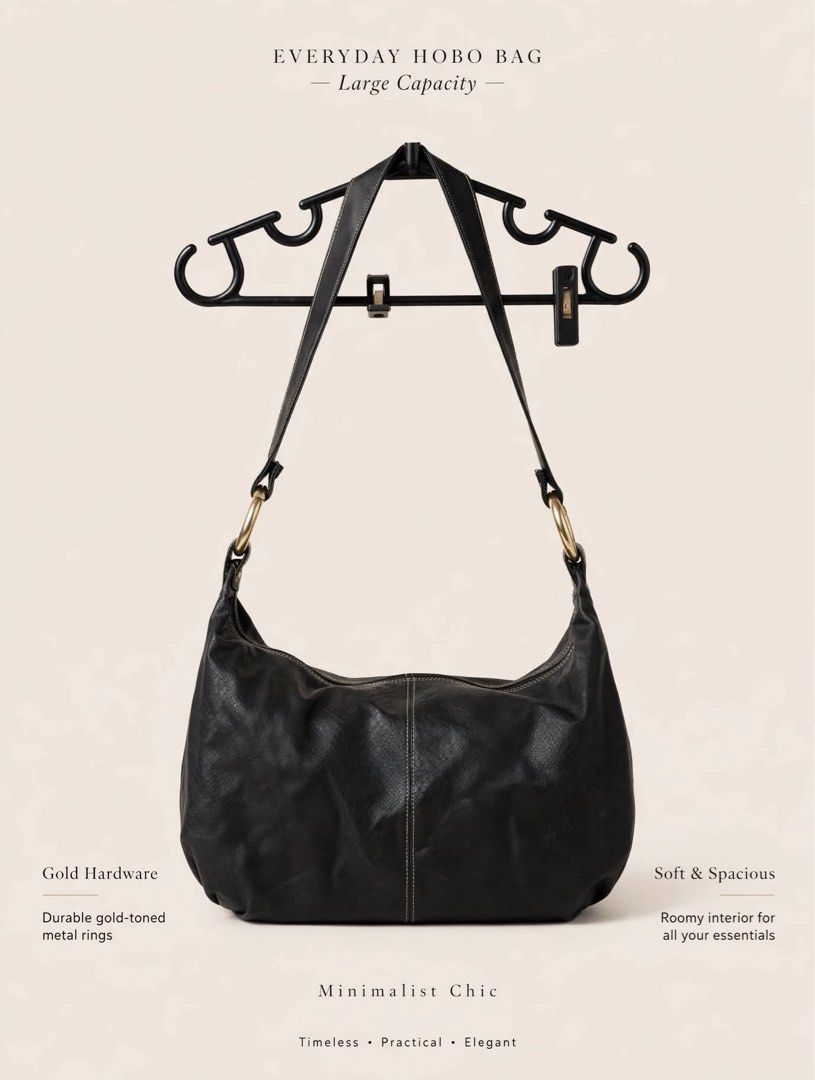 Black Everyday Hobo Bag - Large Capacity, Gold Hardware (Category: Shoulder Bags) located in Manila. Submitted by noemiaspa1702 (Listing ID 1463890902, Image 1). Description: - Black hobo bag - Gold-toned hardware - Soft and spacious interior - Minimalist chic style - Ideal for everyday use - Timeless and practical design.
