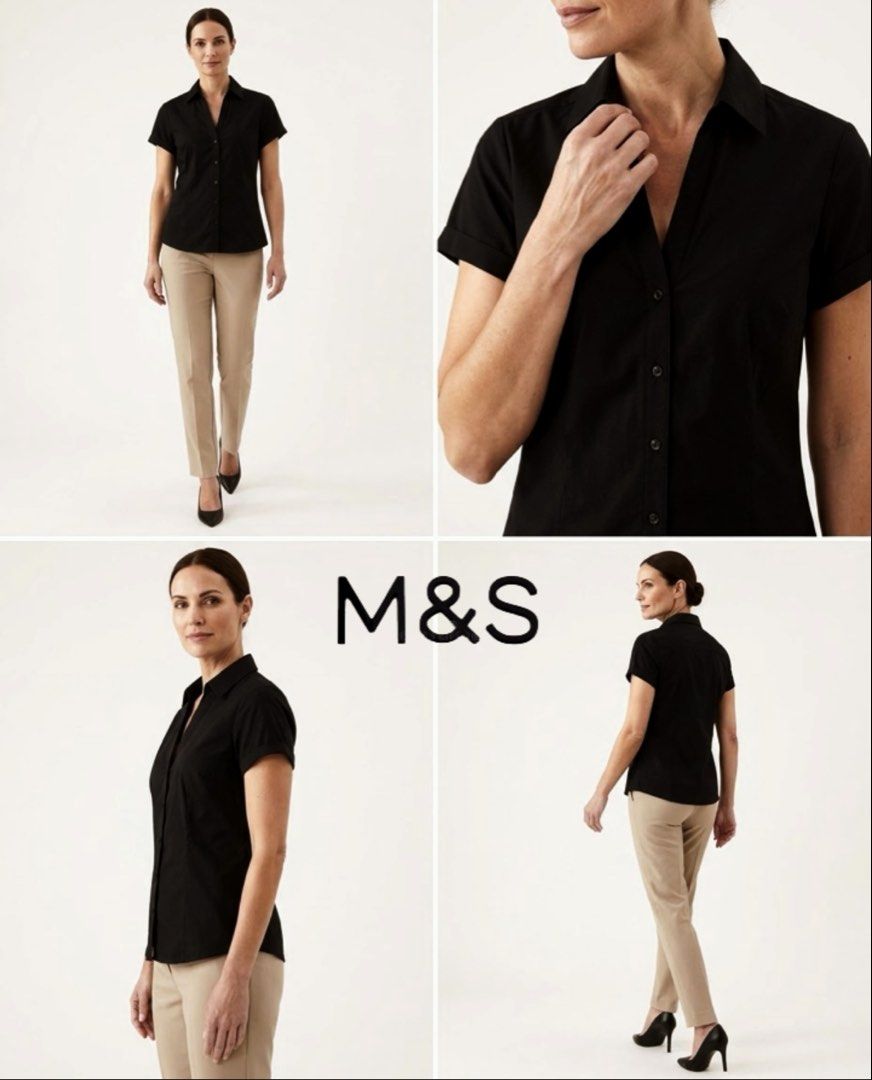 black short-sleeve collared button-down blouse (Category: Blouses) located in Antipolo. Submitted by medecamerchandise (Listing ID 1463796767, Image 3). Description: Mark & Spencer Black Collared Button-Down Blouse Elegant and versatile black blouse with classic collar, short sleeves, and front button closure. Perfect for office wear, smart-casual outfits, or everyday styling. Measurements: * Shoulder: 16” * Bust: 38” * Sleeve Length: 4.5” * Armh