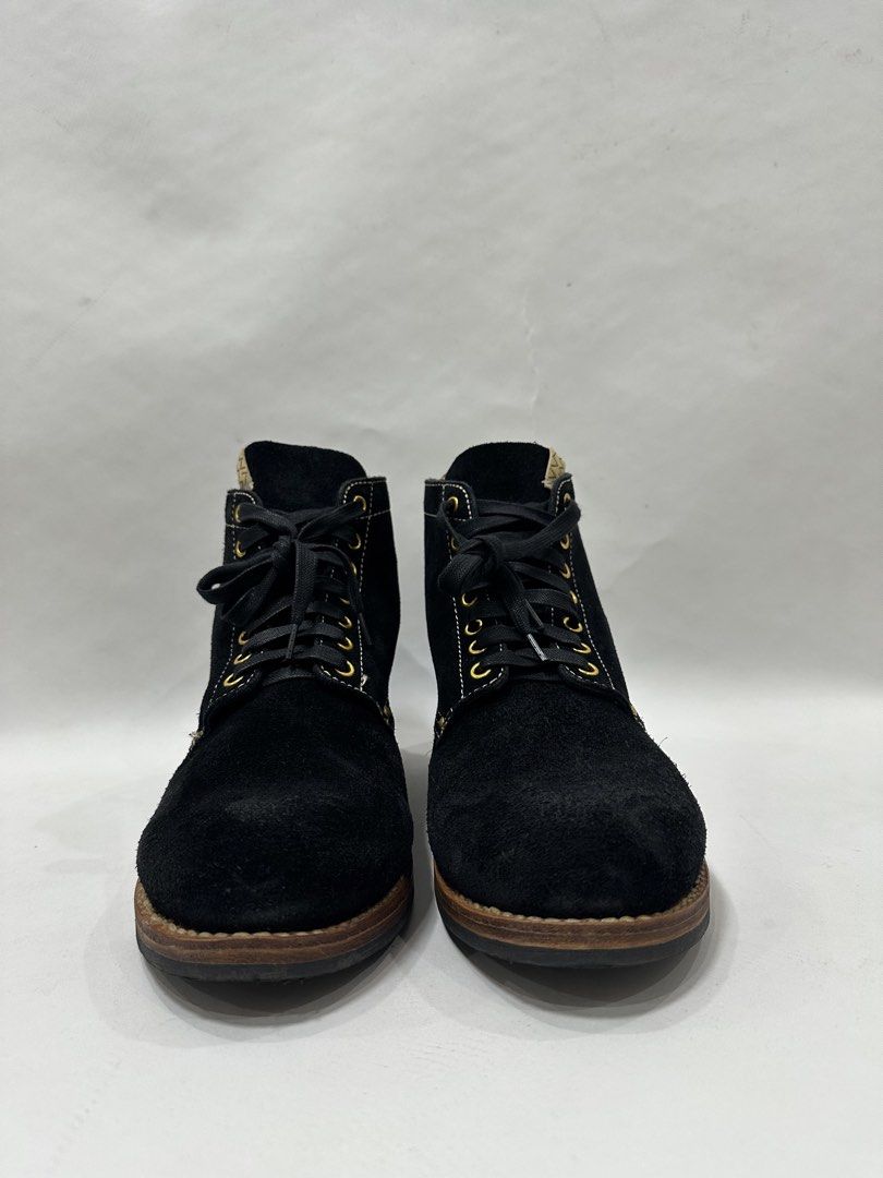 VISVIM Black Suede Lace-Up Boots (Category: Boots) located in Makati City. Submitted by 9thcolt (Listing ID 1463790966, Image 3). Description: - Black suede boots - White stitching detail - Lace-up front with gold eyelets - Wooden heel - Includes original box and tissue paper - Ideal for casual wear.