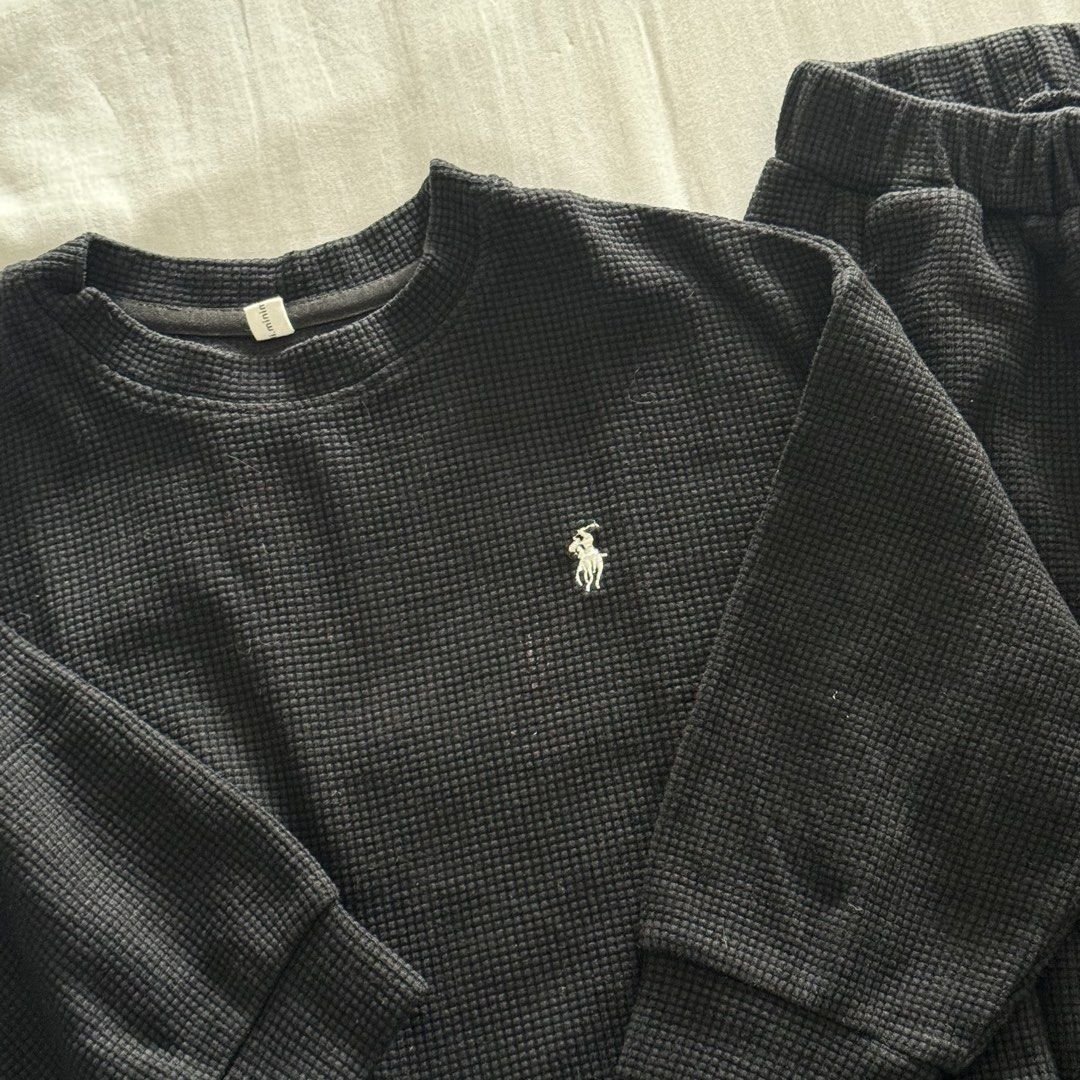 Black Waffle Knit Tracksuit Set (Category: Babies & Kids Fashion) located in Quezon City. Submitted by whippah (Listing ID 1463855304, Image 3). Description: - Black waffle knit tracksuit set - Long sleeve top and matching pants.