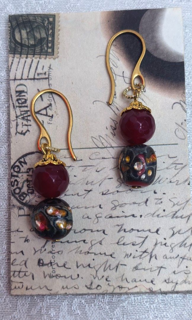 Brand New earings Faceted ruby red Chalcedony (Category: Earrings) located in Tuguegarao City. Submitted by zenphoenix-7ad615 (Listing ID 1463839071, Image 2). Description: Faceted red ruby chalcedony and imported murano glass with stainless. Hook.
