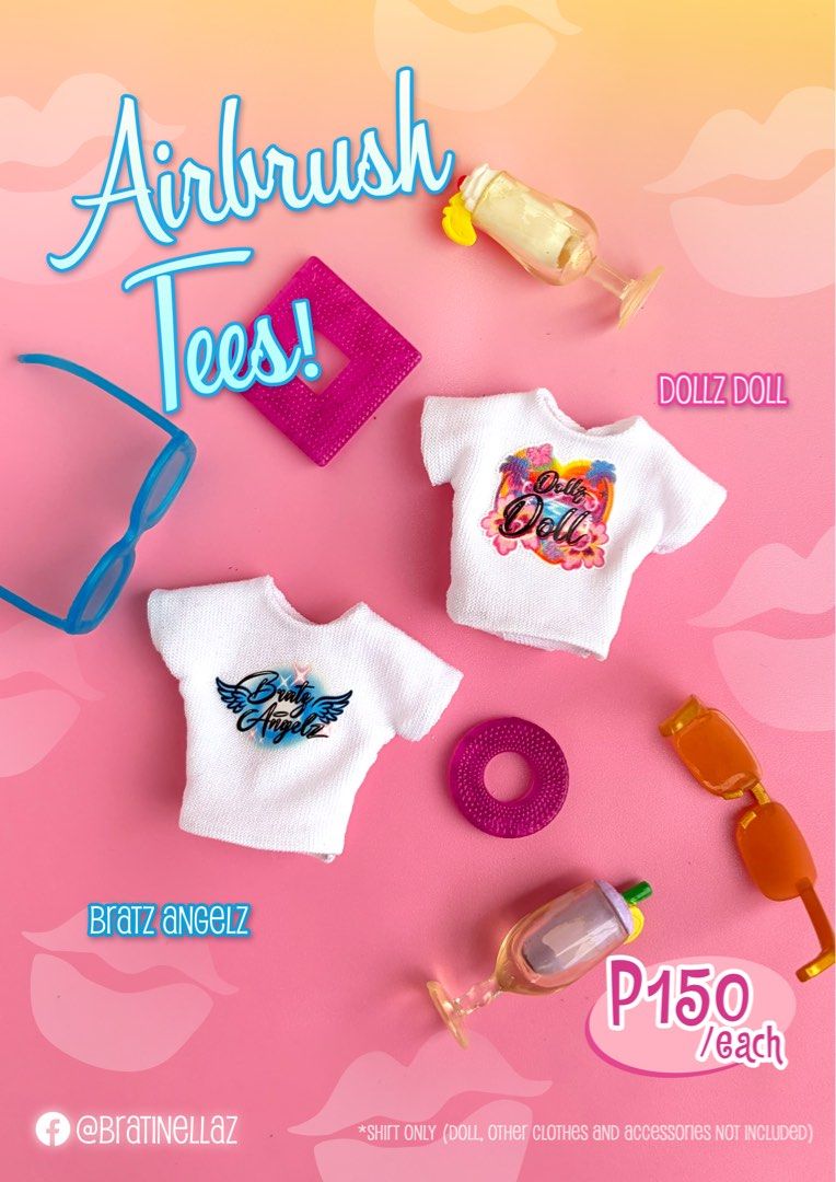 Bratz Outfitz Airbrush Tees (Category: Kids Toys) located in Quezon City. Submitted by bratinellaz (Listing ID 1463826767, Image 1). Description: It’s golden hour all the time 🌞🌺 Bratinellaz Airbrush Tees (2 designs) 💅🏽 Php 150 each 💅🏽 Shirt only (Doll, other clothes and accessories not included) 💅🏽 This is handmade so expect some imperfections 💅🏽 Do not wash, glue dissolves in water 💅🏽 GCASH/BDO 💅🏽 JNT/Lalamove.