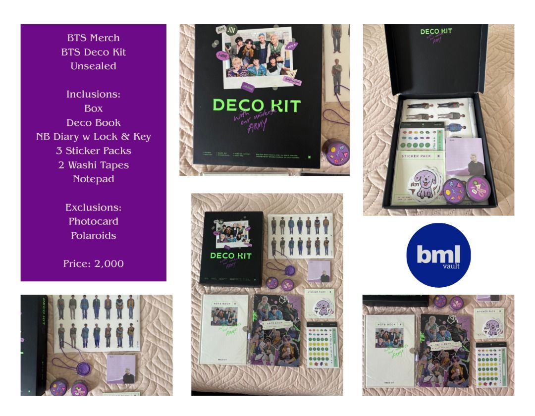 BTS Deco Kit Unsealed | No Photocards | Philippines (Category: K-Wave Merchandise) located in Cebu City. Submitted by bml_vault (Listing ID 1463770091, Image 1). Description: - Unsealed BTS Deco Kit - Includes: Box, Deco Book, Diary with Lock & Key, 3 Sticker Packs, 2 Washi Tapes, Notepad - Photocard and Polaroids are EXCLUDED - Brand new, never used - Official merch.