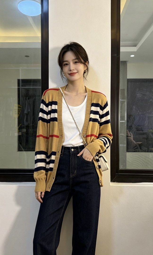 Burberry Striped Knit Cardigan (Category: Longsleeves) located in Paranaque City. Submitted by mykapoynton (Listing ID 1463882575, Image 1). Description: Burberry Striped Knit Cardigan - Iconic stripe pattern - V-neck design - Button-up front - Two front pockets - Material: Cashmere, Polyester, Nylon blend - Ideal for layering.
