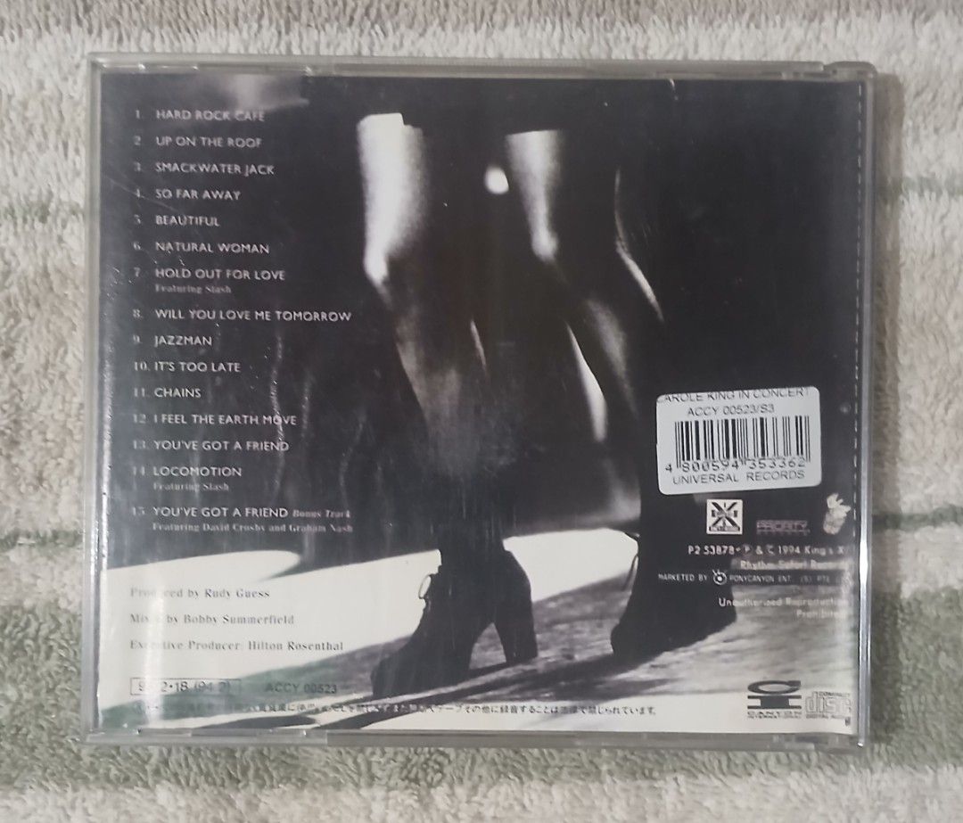 Carole King "Concert" Live CD (Category: CDs & DVDs) located in Manila. Submitted by miczngrz (Listing ID 1463895642, Image 2). Description: - Carole King Live Concert CD - Price: 450 (buy 2 or more CDs from my listing to get discount) - Released in 1994 - Includes hit songs like "Natural Woman" and "Locomotion" - Full tracklist available in photos - A must-have for any Carole King fan!.