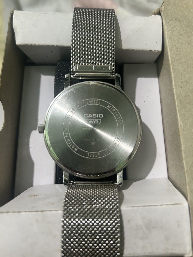 Casio MTP-B105 Blue Dial Mesh Strap - Original Preloved - MTP-B105M (battery needs replacement) (Category: Men's Watches) located in Manila. Submitted by gelongzz (Listing ID 1463824772, Image 2). Description: Model: MTP-B105 - Module 5577 Specs: • Japan Movement, Stainless Steel Mesh • Blue dial with gold index, date window • 41.5mm case, 50M WR • Mesh bracelet adjustable.