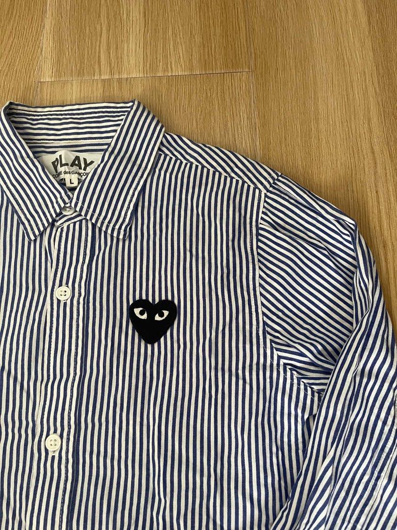 CDG PLAY Pinstripe Buttondown Longsleeve (Category: Longsleeves) located in Cagayan de Oro. Submitted by timeless.ph (Listing ID 1463777159, Image 3). Description: Size: L Width: 18” Length: 24.5” Color rate: 9.8/10 Condition: Excellent Issue: need wash.