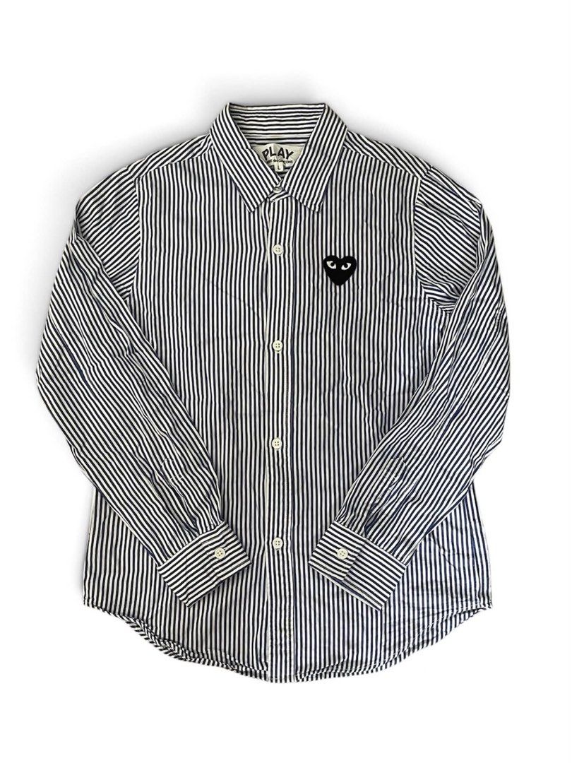 CDG PLAY Pinstripe Buttondown Longsleeve (Category: Longsleeves) located in Cagayan de Oro. Submitted by timeless.ph (Listing ID 1463777159, Image 1). Description: Size: L Width: 18” Length: 24.5” Color rate: 9.8/10 Condition: Excellent Issue: need wash.