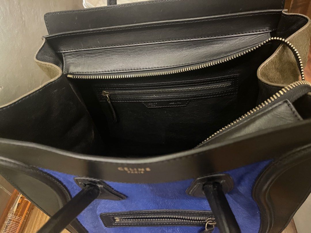 Celine Large Tote Bag (Category: Luxury Bags & Wallets) located in Quezon City. Submitted by vaugncruz08 (Listing ID 1463590577, Image 3). Description: - Authentic Celine Large Luggage tote - Chic blue and black colorway - Luxurious leather and pony hair details - Convenient front zipper pocket - Sturdy double top handles - Ideal for everyday use - Slightly negotiable .