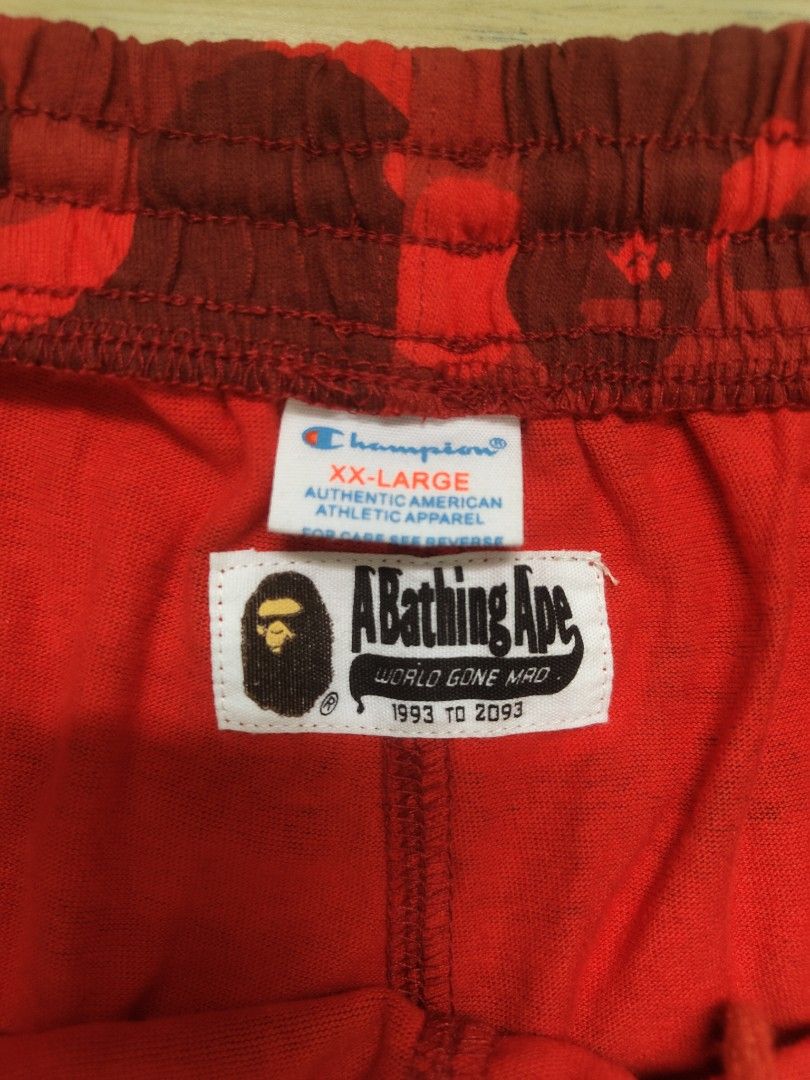 Champion x Bape Red Camo Shorts (Category: Shorts) located in Manila. Submitted by thrifsta.vtg (Listing ID 1463837461, Image 3). Description: Champion x Bape Red Camo Shorts Good Condition 2xl on tag.