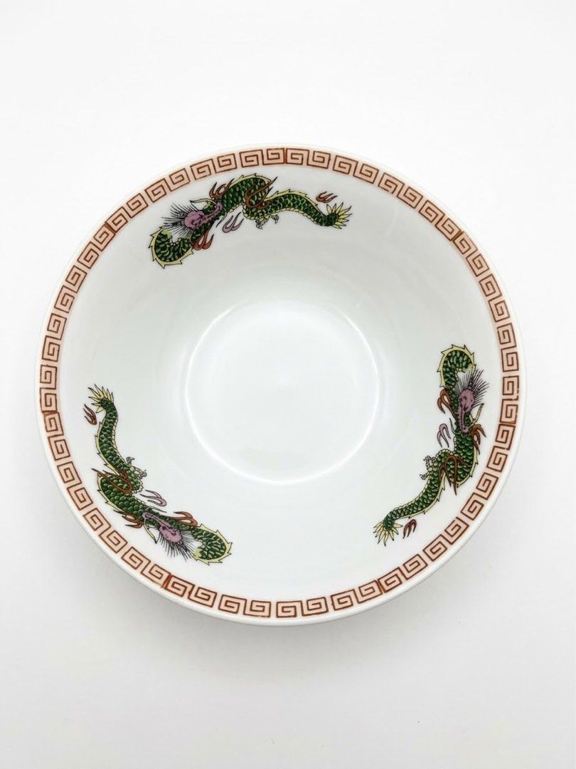 Chinese dragon bowls (Category: Other Kitchenware & Tableware) located in Manila. Submitted by rlab_japan_thrift (Listing ID 1463846133, Image 1). Description: Chinese Imperial-Style Green Dragon Porcelain Soup/Ramen Bowls (Set of 4) 🐉🥣 Stunning set of vintage porcelain bowls featuring vibrant hand-detailed green imperial dragons, geometric fret borders, and red fortune bat motifs on the underside! Stamped on the base with a classic Qianlong-st