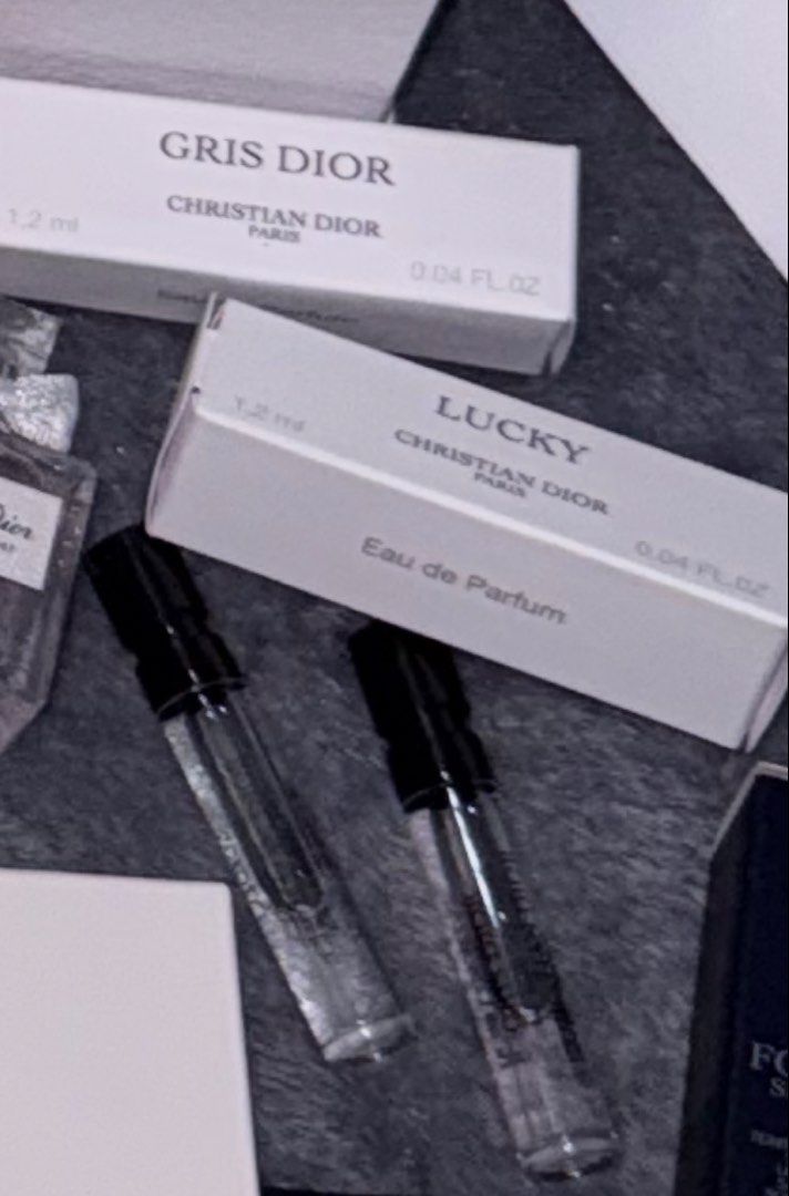 Christian Dior Gris Dior & Lucky Perfume Samples (Category: Fragrance & Deodorants) located in Makati City. Submitted by f_bags (Listing ID 1463744729, Image 1). Description: - Authentic Christian Dior perfume samples - Includes Gris Dior and Lucky scents - Eau de Parfum concentration - 1.2 ml vial size for each sample - Ideal for testing before buying a full bottle - Convenient for travel and on-the-go touch-ups Take both for 900 PHP 500 each.
