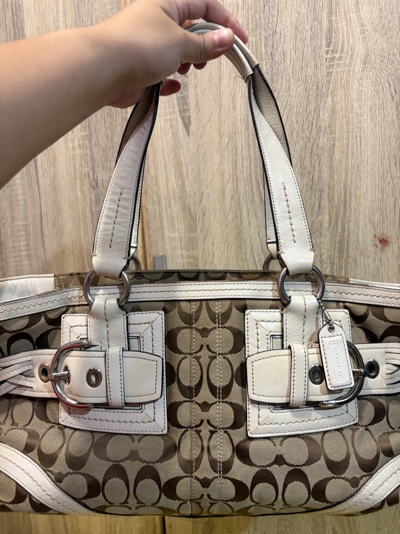Coach Jacquard Braided Soho Bag (Category: Luxury Bags & Wallets) located in Manila. Submitted by cb_curations (Listing ID 1463877025, Image 3). Description: Vintage but modern design 🎀 - Classic Coach monogram canvas shoulder bag - White leather trim and braided accents - Interior zip pocket and slip pocket - Spacious for essentials, kasya payong 😆 With signs of use. No rubs/runs. This is a vintage bag, please expect some normal signs of use. 