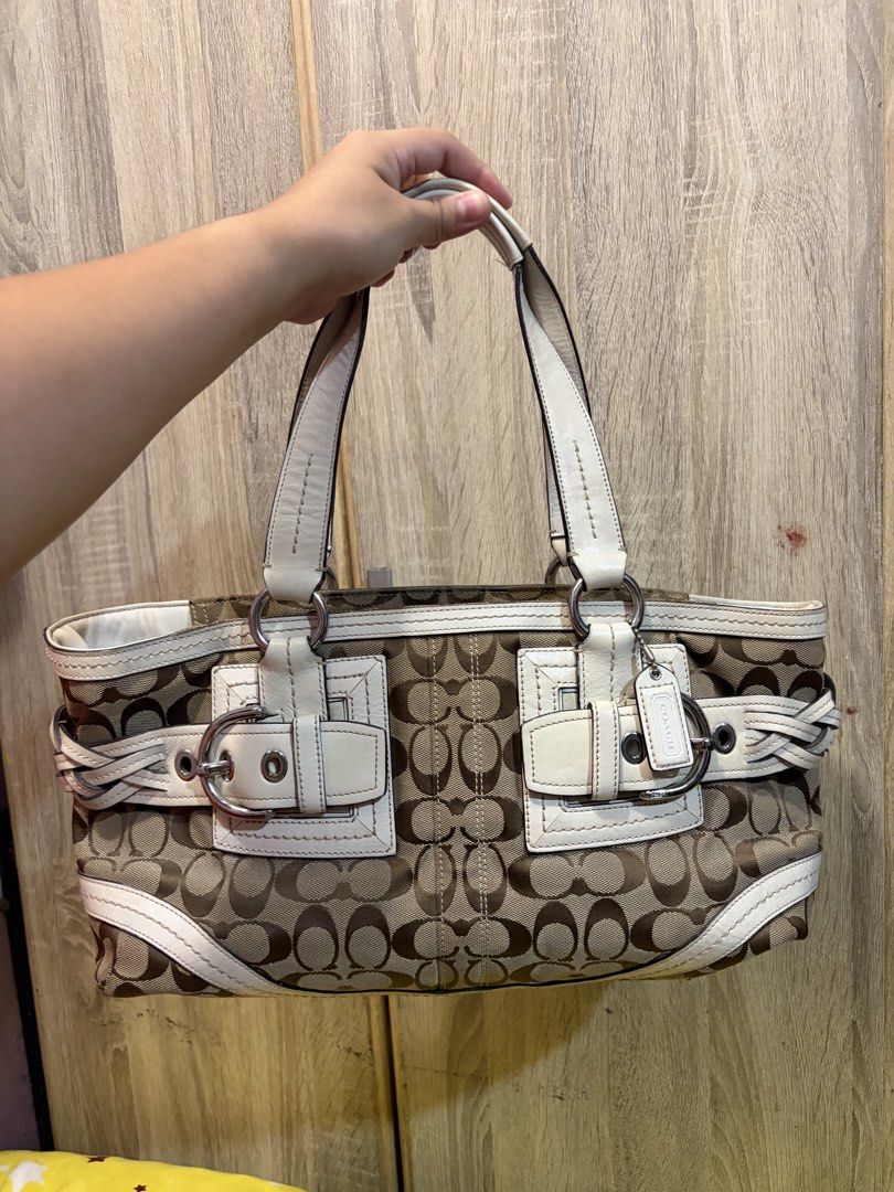Coach Jacquard Braided Soho Bag (Category: Luxury Bags & Wallets) located in Manila. Submitted by cb_curations (Listing ID 1463877025, Image 1). Description: Vintage but modern design 🎀 - Classic Coach monogram canvas shoulder bag - White leather trim and braided accents - Interior zip pocket and slip pocket - Spacious for essentials, kasya payong 😆 With signs of use. No rubs/runs. This is a vintage bag, please expect some normal signs of use. 