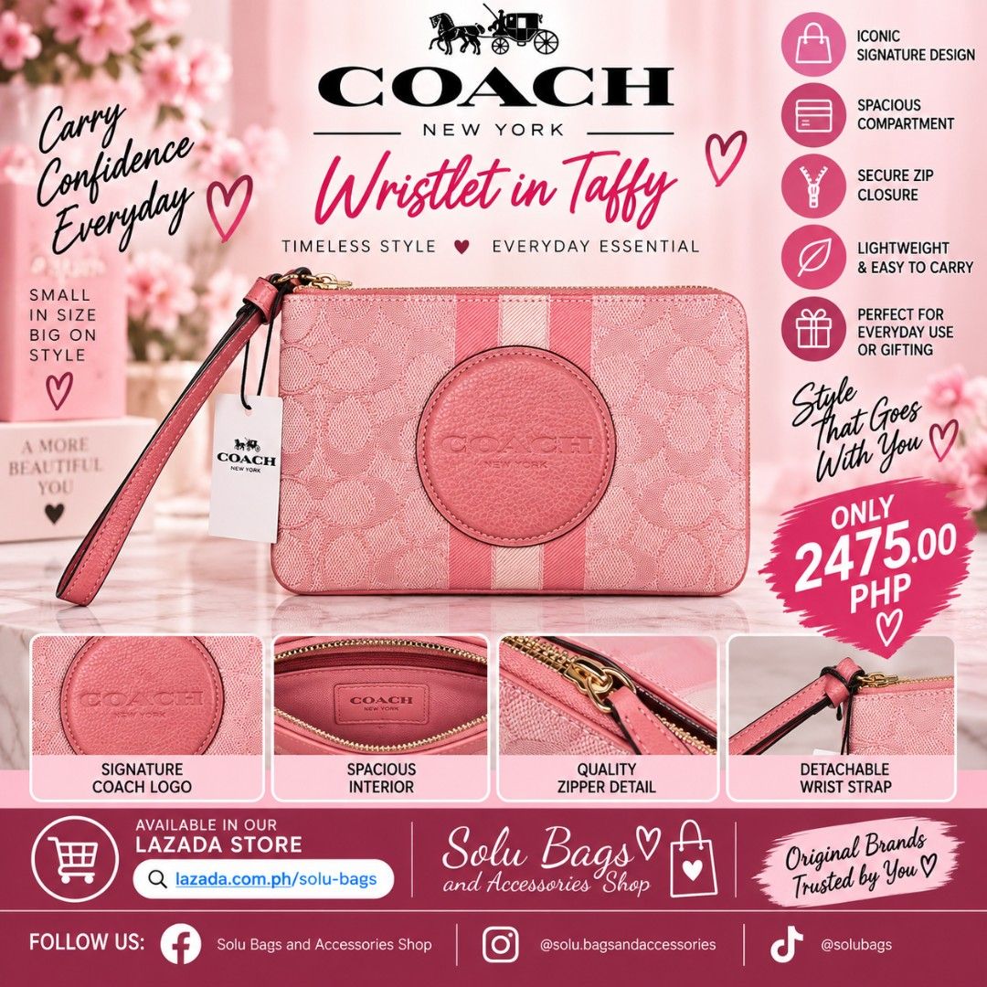 Coach Wristlet in Taffy (Category: Wallets & Card holders) located in Taguig. Submitted by mommasolu (Listing ID 1463836085, Image 1). Description: ❣️On hand and ready to ship ❣️All items are original and authentic from 🇺🇸 Shipping: J&T or Laz check out ‼️Same Day Shipping via GrabExpress or Lalamove for Metro Manila (payment first) ‼️COD option available for Laz check out MOP: GCash and Bank Transfer via BPI or GoTyme Follow our socials: FB 👉