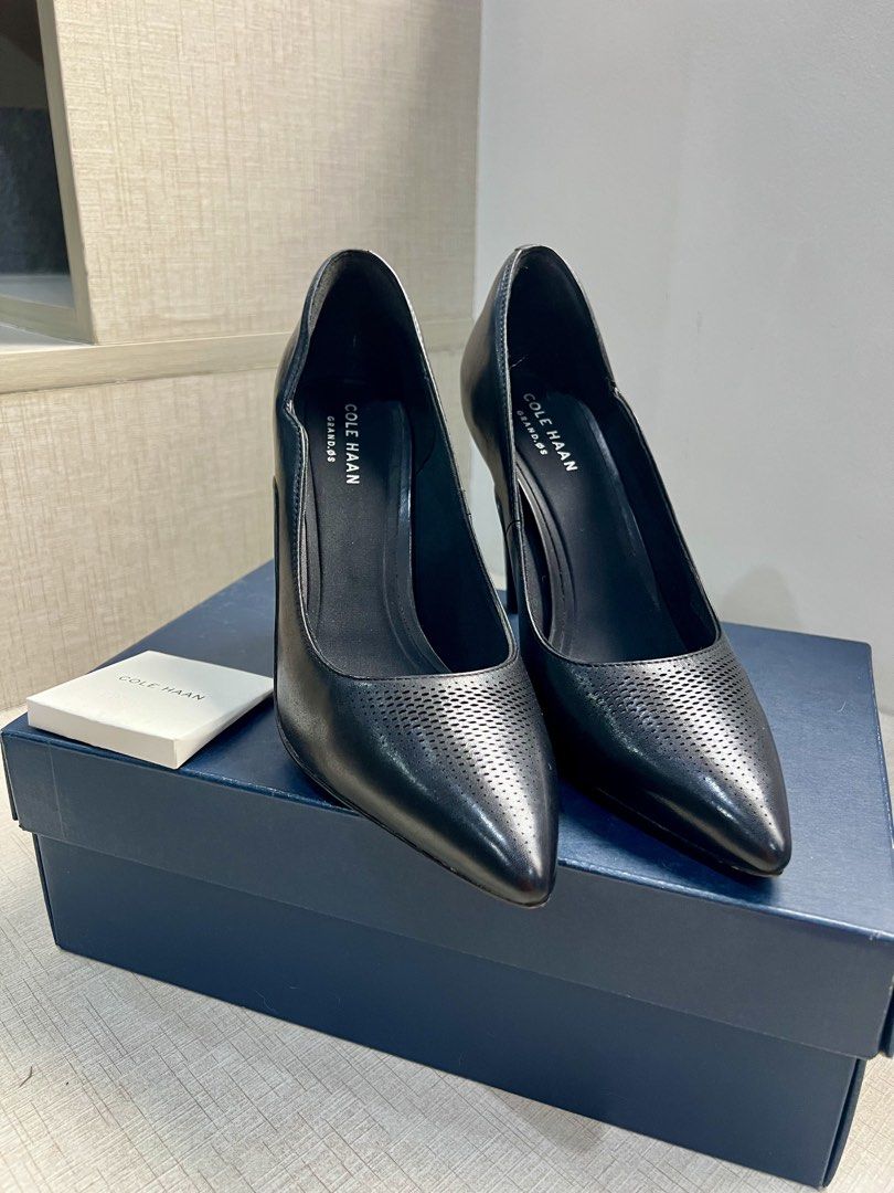 Cole Haan Black Leather Pointed Toe Heels (Category: Heels) located in Quezon City. Submitted by fromkimwithless (Listing ID 1463841382, Image 2). Description: - Brand: Cole Haan - Color: Black - Material: Leather - Style: Classic pump - Size: US 7B - Features: Pointed toe, perforated detailing, stiletto heel 4inches - Condition: Comes with original box - Occasion: Ideal for work or a night out - Purchased: Hong Kong in 2019.
