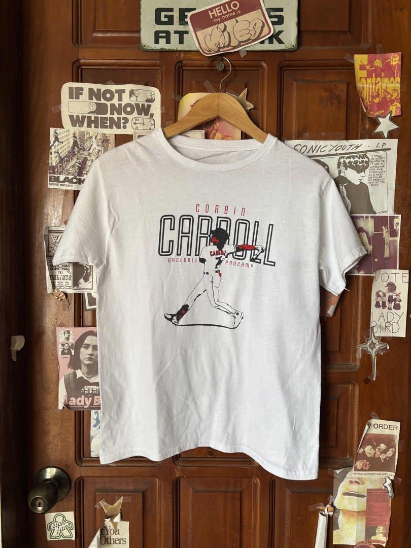 Corbin Carroll Youth Baseball ProCamp White Graphic Tee (Category: Tshirts & Polo Shirts ) located in Calamba. Submitted by wearlikenobody (Listing ID 1463895099, Image 1). Description: Length: 25” Width: 18.5” Condition: 10/10 Issue: None Size: M .
