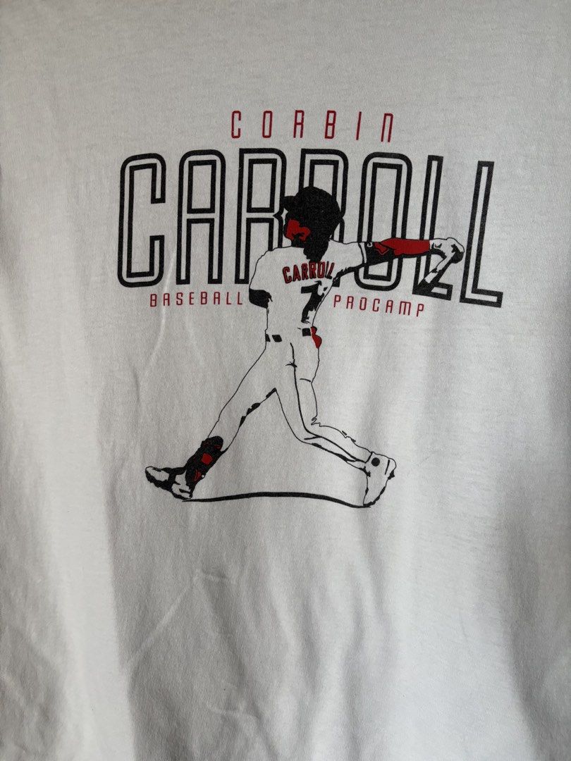 Corbin Carroll Youth Baseball ProCamp White Graphic Tee (Category: Tshirts & Polo Shirts ) located in Calamba. Submitted by wearlikenobody (Listing ID 1463895099, Image 3). Description: Length: 25” Width: 18.5” Condition: 10/10 Issue: None Size: M .