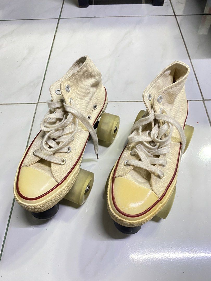 Cream High-Top Roller Skates CONVERSE (Category: Skates, Rollerblades & Scooters) located in Cavite. Submitted by zyrahramos (Listing ID 1463910740, Image 1). Description: 🛼 Cream high-top roller skates 🛼Classic Converse style with red trim 🛼Translucent yellow wheels 🛼Worn once 🛼Size: 37 🛼ORIGINAL CONVERSE - bought in physical store. .