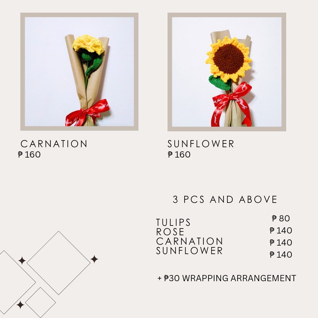 CROCHET FLOWERS (Category: Handmade Craft) located in Quezon City. Submitted by hirayakarilagan (Listing ID 1463907906, Image 2). Description: "You're simply the best, Teacher!" 🧑‍🏫 Teacher's Day is coming up! Say "Thank You" with a handmade crochet flower that stays cute all year long. Take a peek at our Teacher's Day Pricelist. 🙋 🧶100% Handmade 📍Quezon City Thank you so much for supporting local handmade crafts! 💛 Please leave us a review