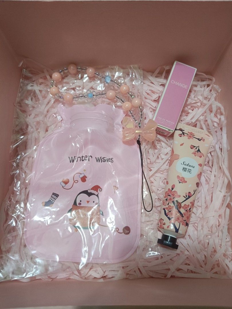 Cute Pink Gift Set with Accessories (Category: Kids Toys) located in Imus. Submitted by mrpp03 (Listing ID 1463927067, Image 2). Description: - Adorable pink gift set - Includes: cute penguin hot water pack, small perfume bottle, hand cream - Also features: sparkly hairbrush, pen, and a fluffy pouch - Perfect for gifting or personal treat - Everything is pretty and pink! Pictures 2 to 7 are all the items included in the gift set. Items are placed