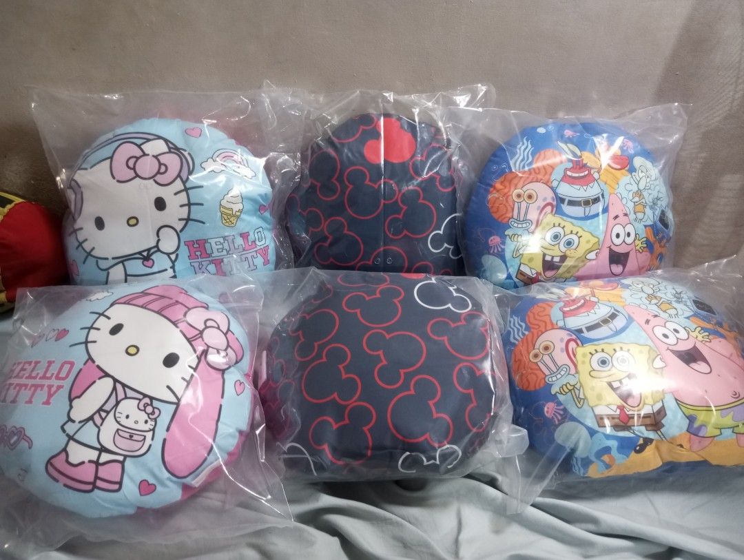 Dakki Round Pillows (Hello Kitty, Mickey Mouse, Spongebob) (Category: Bedding & Towels) located in Las Pinas. Submitted by rosedylan (Listing ID 1463794897, Image 1). Description: For sale! Dakki round Pillows (Hello kitty, Spongebob, Mickey Mouse) Hello Kitty #1 (official) ₱150 Hello Kitty #2 (official) ₱150 Spongebob (official) ₱150 (avail 2pcs) Mickey Mouse (official) ₱150 (avail 2pcs) MoP: Gcash MoD: JnT SF shouldered by buyer🫶 Location: Las